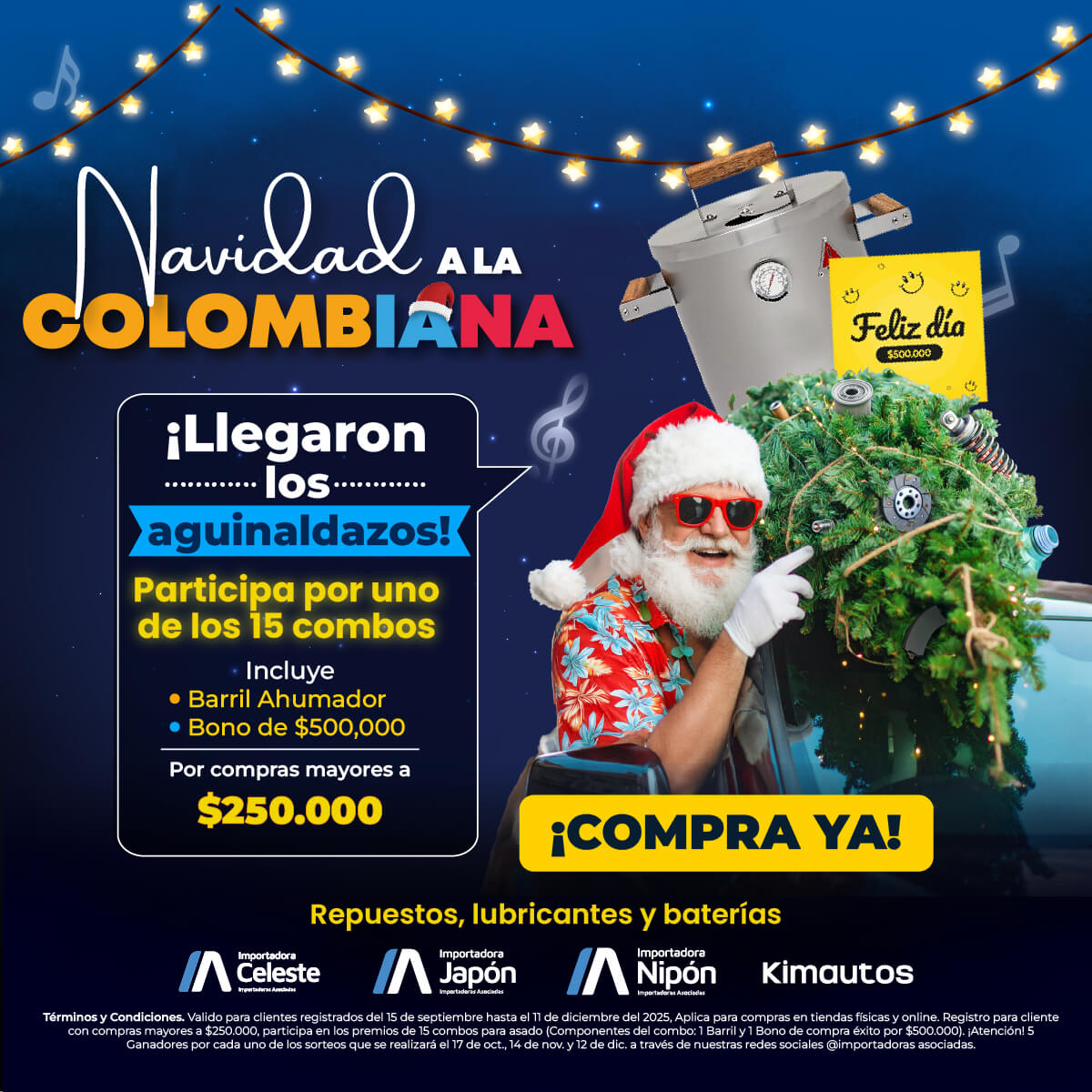 Promoción navideña en Colombia: Papá Noel tropical, gana combos con barril ahumador y bono de $500.000, participa comprando en tiendas físicas o virtuales.
